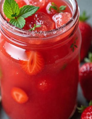 The primary subject of the image is a glass filled with a red drink, which appears to be a strawberry smoothie. The glass is placed on a table, and there are several strawberries scattered around the table, both in the foreground and in the background. The visual style of the image is a close-up of the glass, showcasing the red drink and the strawberries. The colors and mood of the image are predominantly red, which gives the scene a warm and inviting atmosphere.